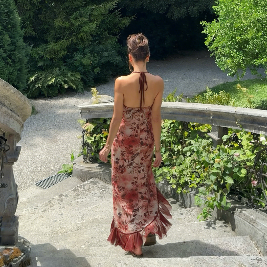 Damen asymmetrisches Floral-Maxikleid mit zartem Rüschensaum und verführerischem Schnitt EB