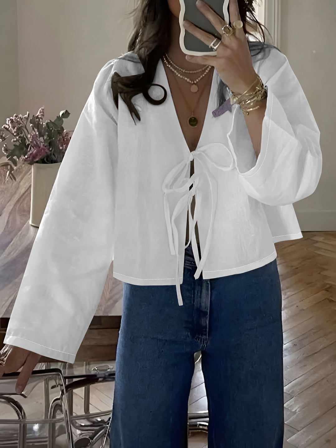 Damen cropped Bluse mit Bindeband und lockerer Passform EB
