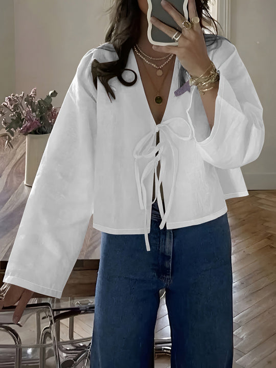 Damen cropped Bluse mit Bindeband und lockerer Passform EB