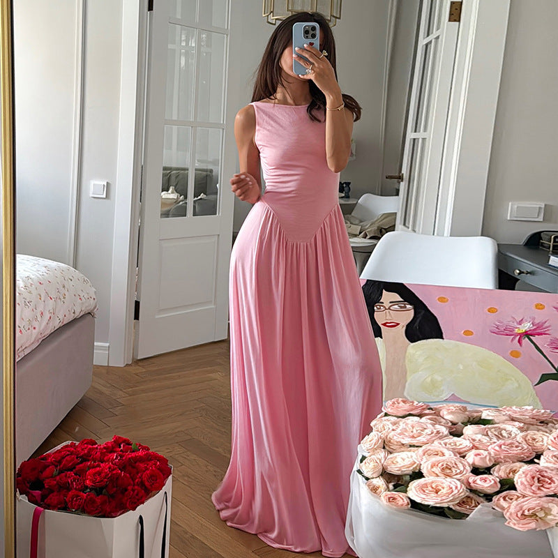 Damen elegantes und fließendes Maxikleid mit asymmetrischem Schnitt EB