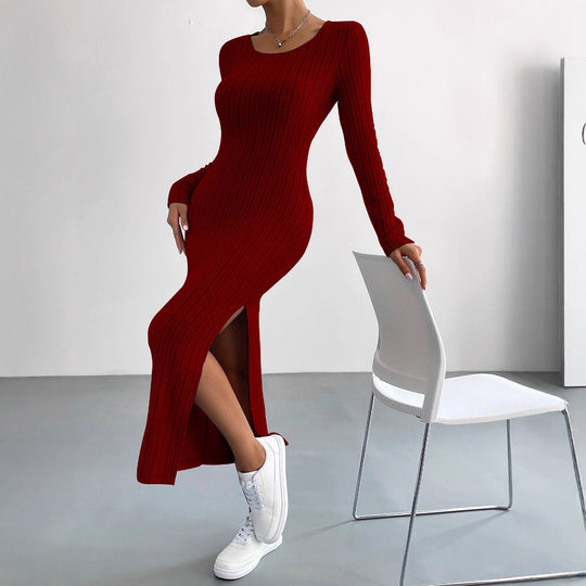 Damen figurbetontes Rippenstrick-Midikleid mit schmaler Silhouette, Rundhalsausschnitt und seitlichem Oberschenkelschlitz Eichborn Berlin