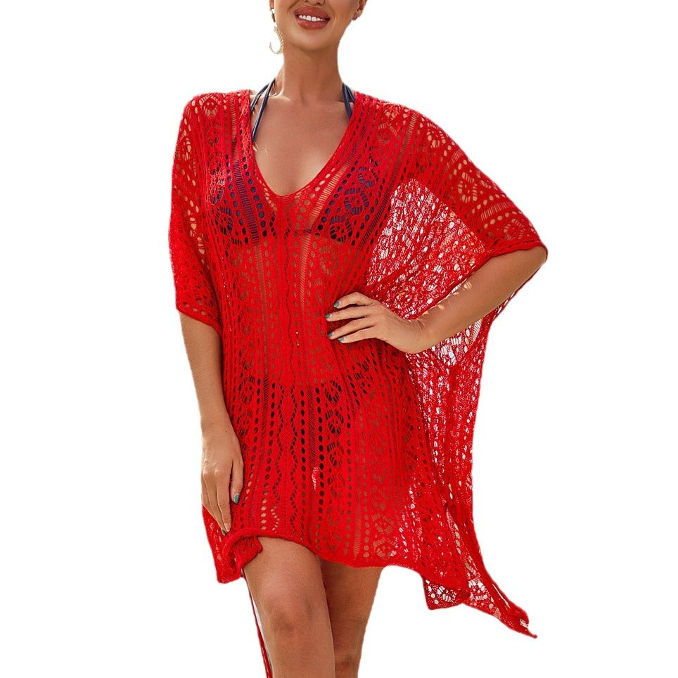 Damen Häkel-Strandtunika mit elegantem V-Ausschnitt und seitlichen Bindebändern EB