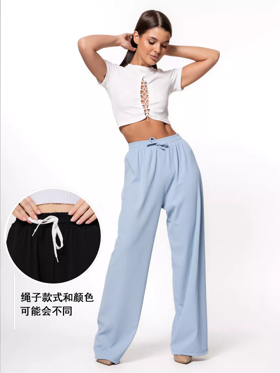 Damen weite hochgeschnittene Loungehose mit elastischem Bund und Kordelzug EB
