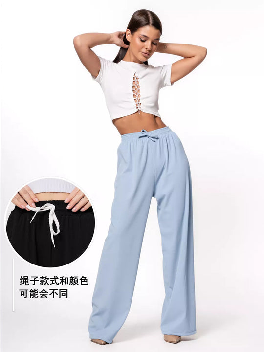Damen weite hochgeschnittene Loungehose mit elastischem Bund und Kordelzug EB