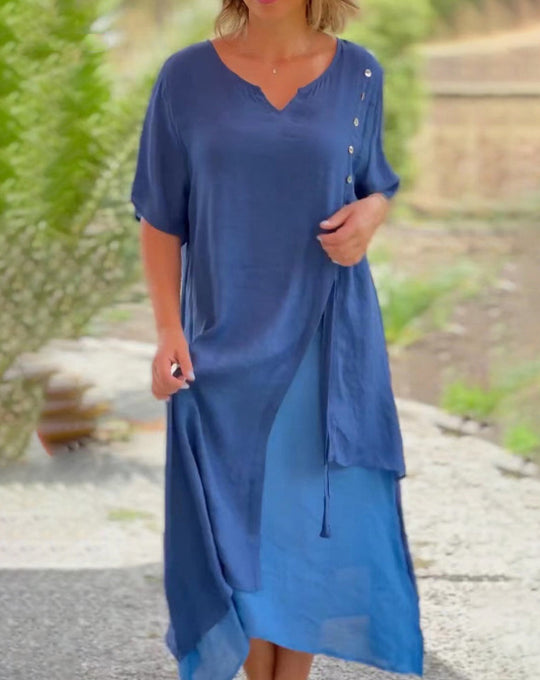Damen nan zweilagiges Hemdkleid mit asymmetrischem Lagenrock, seitlicher Zierknopfleiste und Tunnelzug EB
