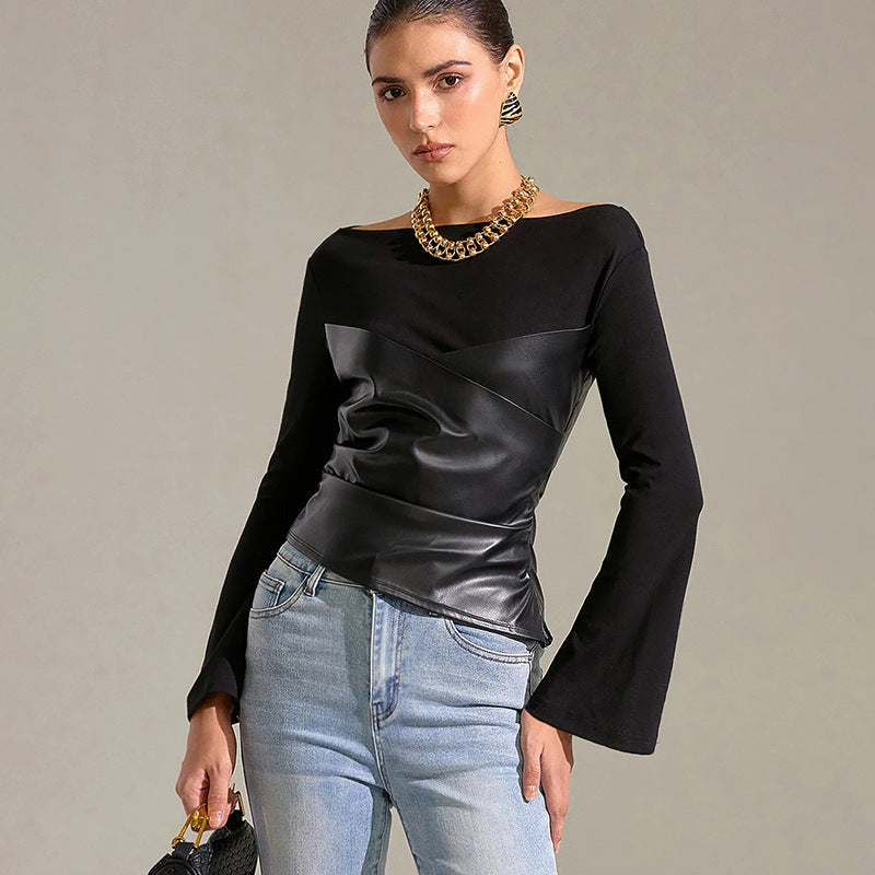 Damen Oberteil mit ausgefallenem Wickeldesign und eleganten Trompetenärmeln EB