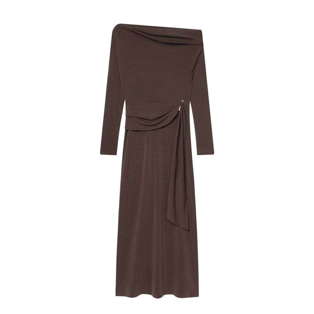 Damen elegantes Maxikleid mit asymmetrischem Ausschnitt und dekorativer Drapierung EB