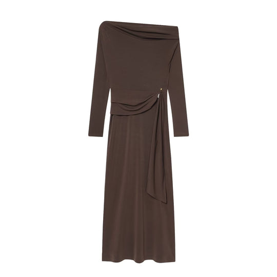 Damen elegantes Maxikleid mit asymmetrischem Ausschnitt und dekorativer Drapierung EB