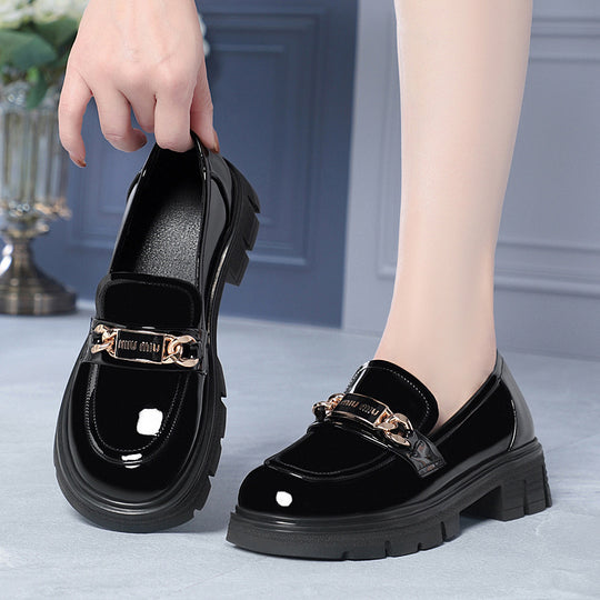 Damen Modische Loafers mit glänzendem Obermaterial und robustem Blockabsatz EB