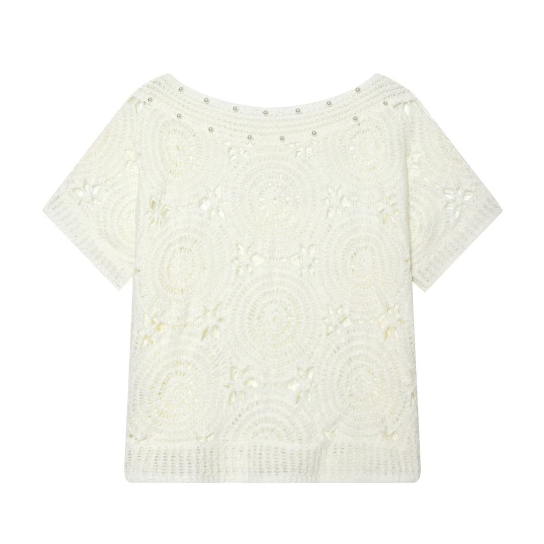 Damen Spitze T-Shirt mit luxuriöser Blumenstickerei und dekorativen Perlen EB