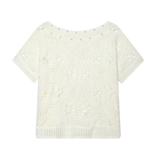 Damen Spitze T-Shirt mit luxuriöser Blumenstickerei und dekorativen Perlen EB