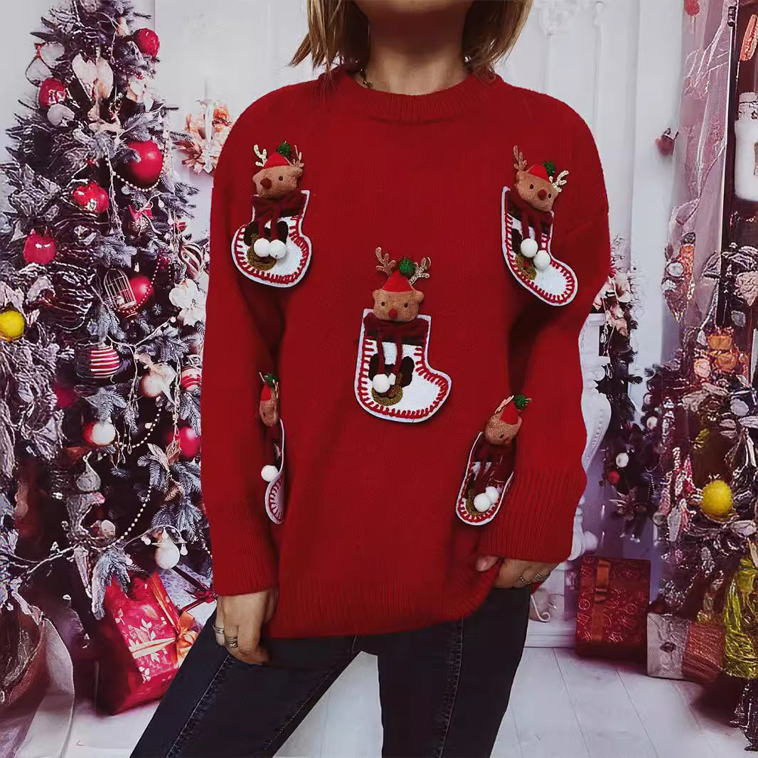 Damen Weihnachts-Strickpullover mit festlichem Rentier-Motiv und 3D-Details EB