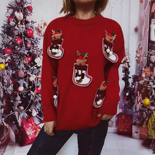 Damen Weihnachts-Strickpullover mit festlichem Rentier-Motiv und 3D-Details EB