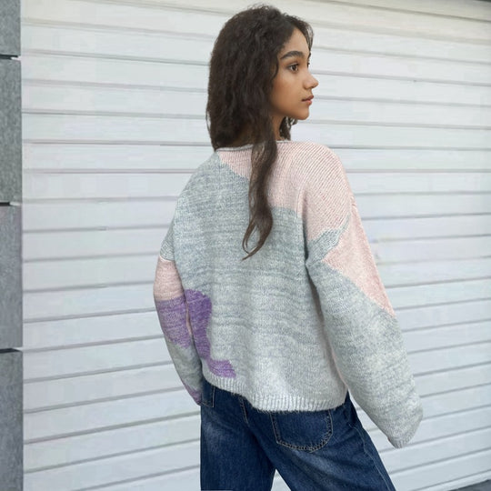 Damen kreativer Strickpullover mit asymmetrischem Ausschnitt und buntem Design EB