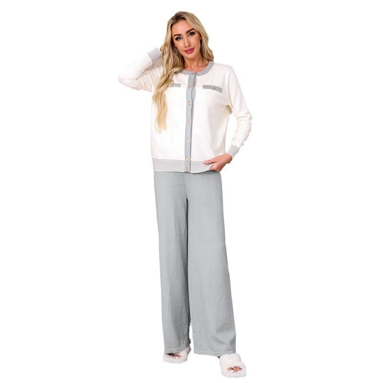 Damen Strick-Loungewear-Set mit feinen Knopfdetaillierungen und weitem Bein EB