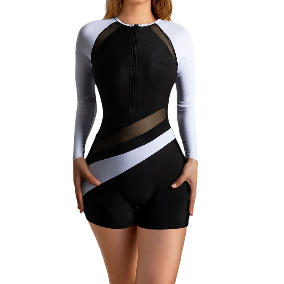 Damen Sportlicher Langarm-Badesuit mit stylischem Farbblock-Design EB