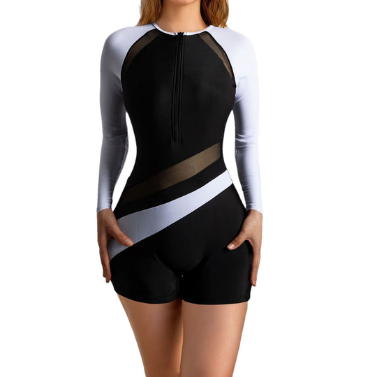 Damen Sportlicher Langarm-Badesuit mit stylischem Farbblock-Design EB