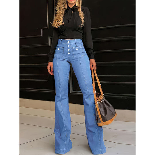 Damen Hochtaillierte Bootcut-Jeans mit dekorativen Knopfdetails EB