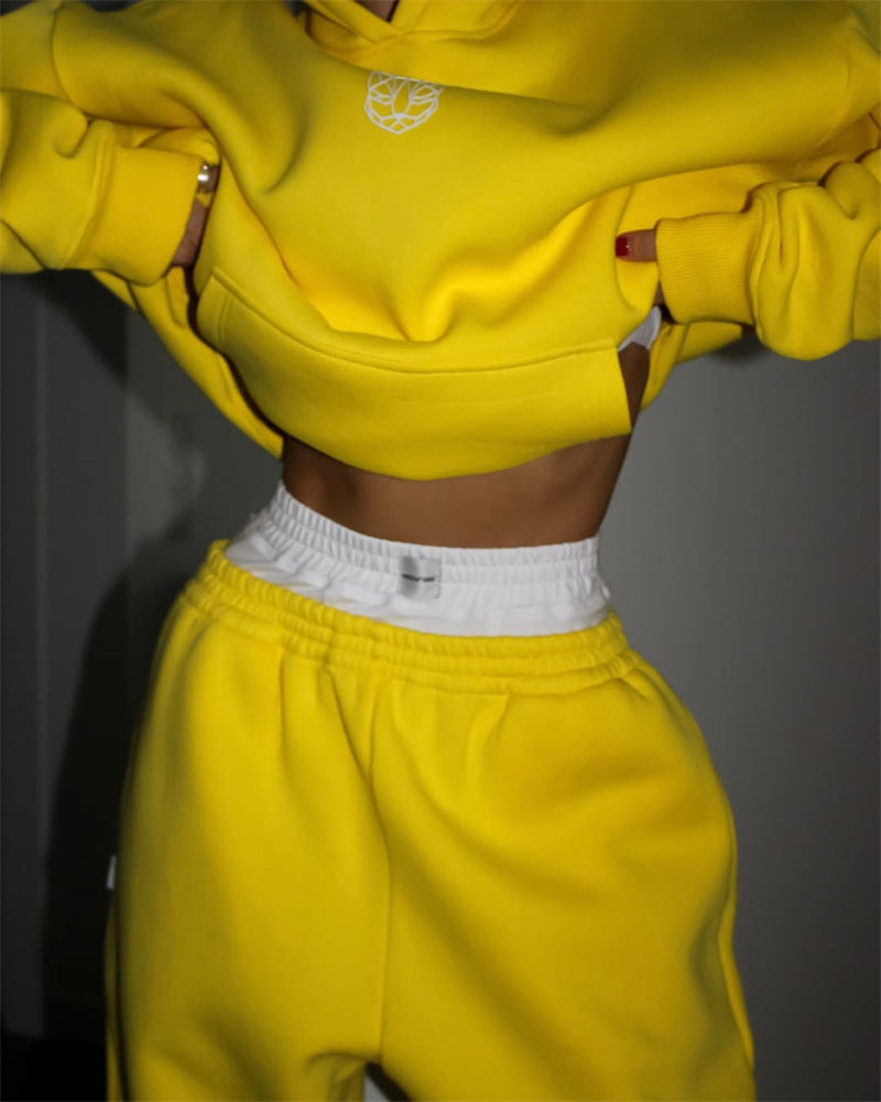 Damen Cropped Kapuzenpullover und weite High-Waist Jogginghose Set EB