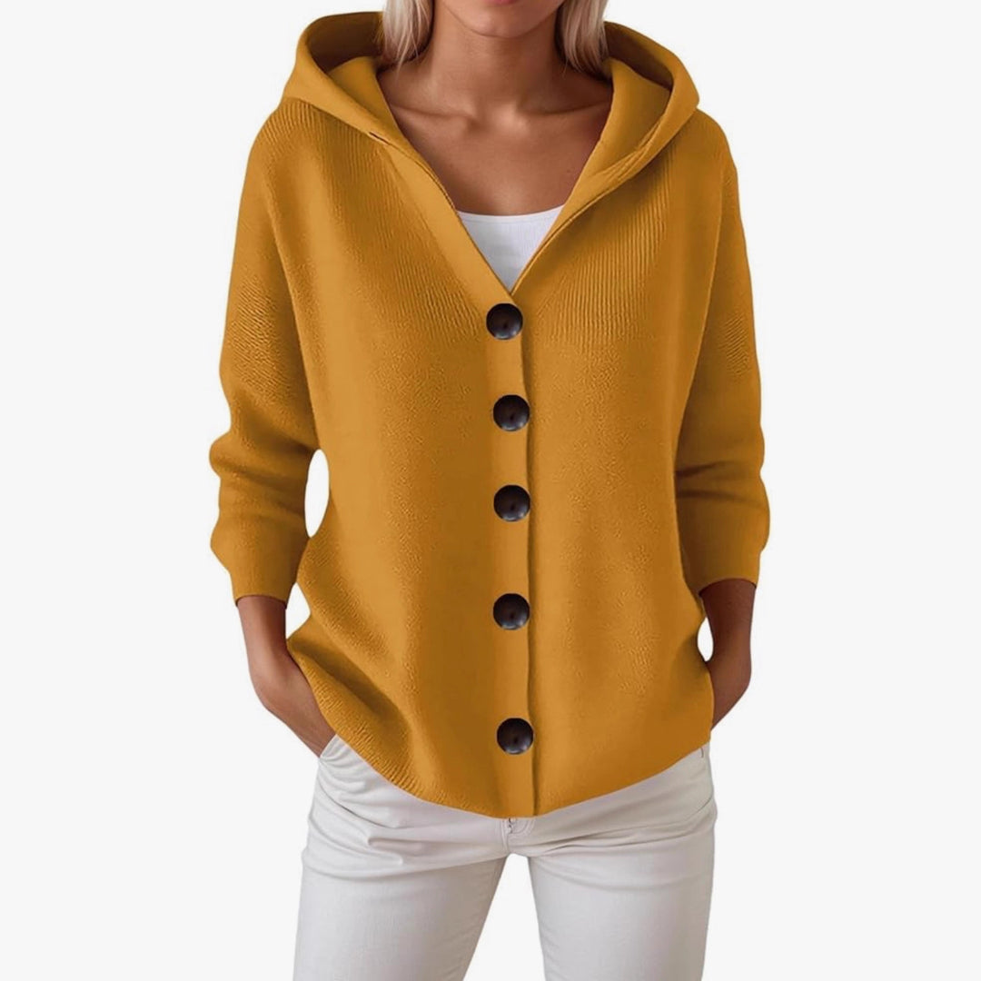 Damen Kapuzen-Strickjacke mit großen Holzknöpfen und seitlichen Eingrifftaschen EB