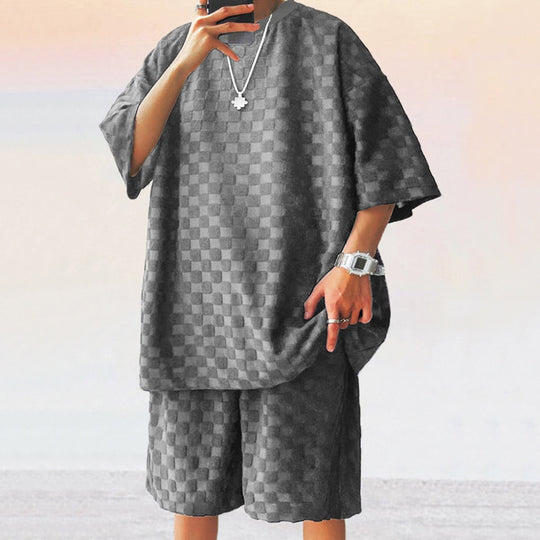 Unisex nan übergroßes Freizeit-Set aus strukturierter Waffelqualität mit Rundhalsausschnitt und locker sitzender Bermudashorts EB