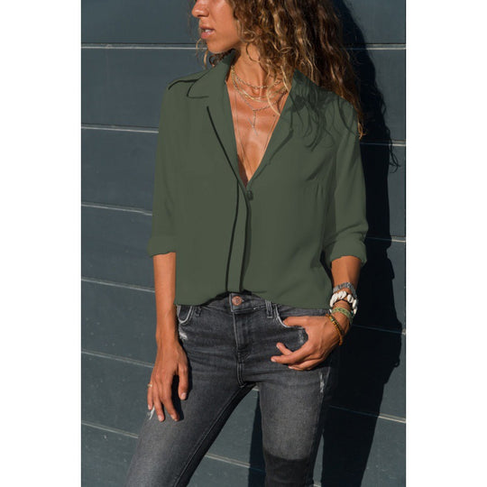 Damen Elegante Bluse mit Kontrastpaspel, V‑Ausschnitt und krempelbaren Ärmeln EB