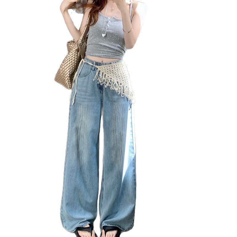 Damen Weite Jeanshose mit fransigem Gürtel EB