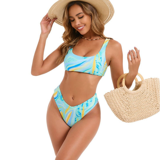 Damen Bikini-Set mit hoch geschnittenem Unterteil und sportlichem Oberteil EB
