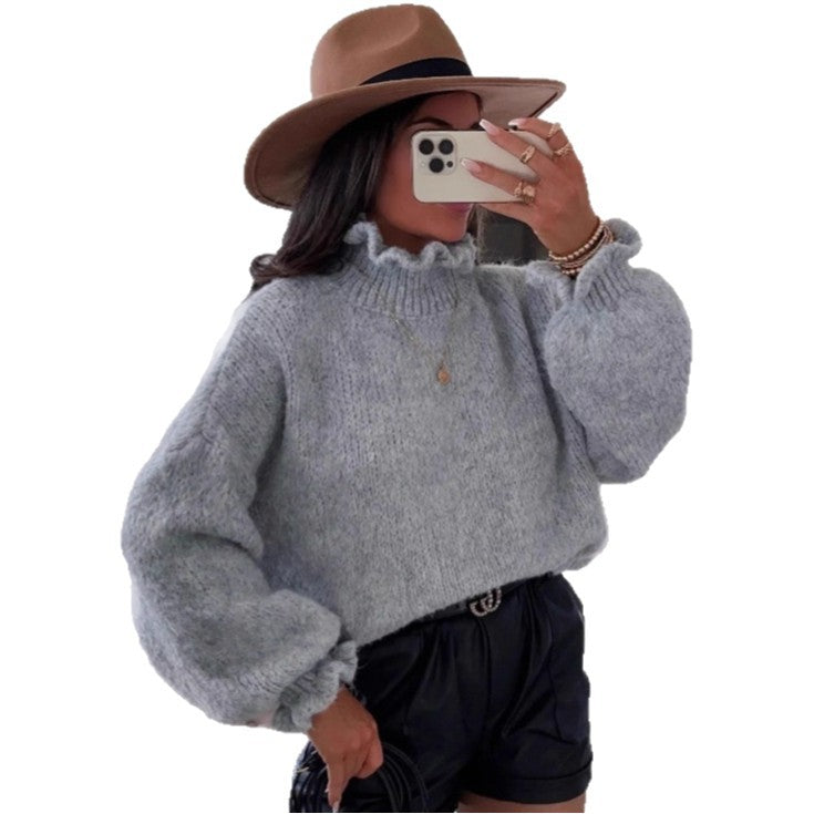 Damen kuscheliger Rollkragenpullover mit weiten Ärmeln und strukturellem Design EB