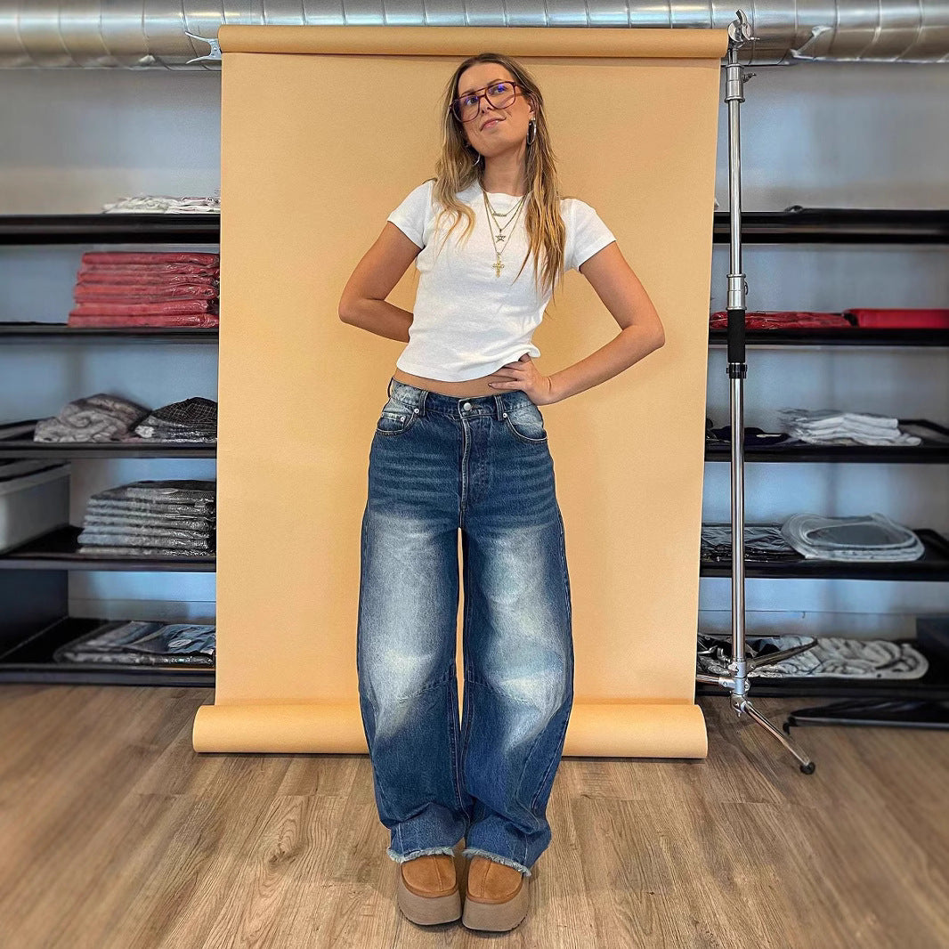 Damen nan weite Baggy-Jeans mit tiefer Schrittnaht, markanten Knieabnähern und verstärktem Five‑Pocket‑Schnitt EB