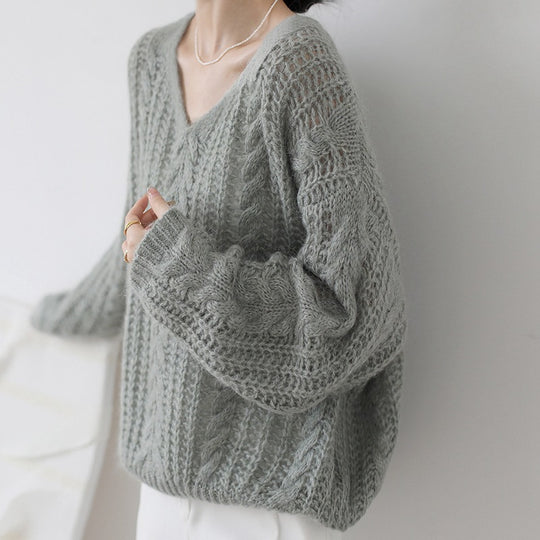 Damen Grobstrickpullover mit V-Ausschnitt und luftiger Struktur EB
