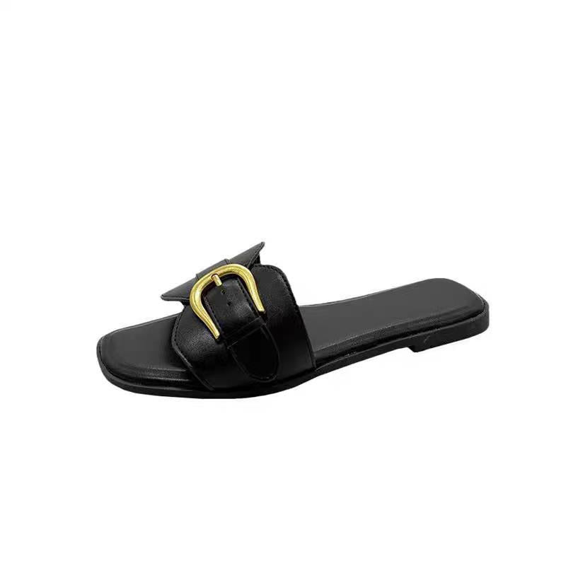Damen modische Badeschuhe mit trendigem Riemen und goldfarbener Schnalle EB
