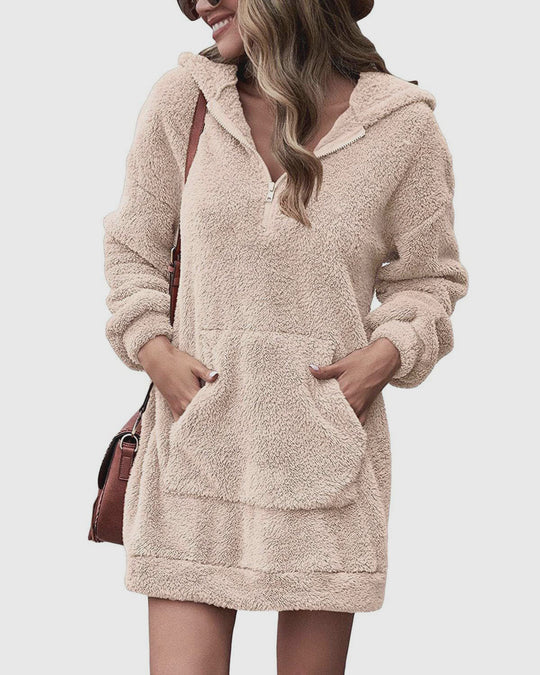 Damen kuscheliges Fleece-Kleid mit Kapuze und Taschen EB