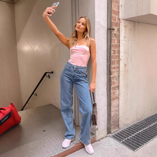 Damen Hoch taillierte Bootcut-Jeans mit weitem Bein und dehnbarer Passform EB