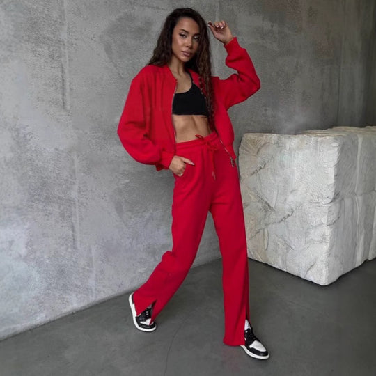 Damen Loungewear-Set mit Kurzzip-Jacke und High‑Waist‑Jogginghose mit Seitenschlitz EB