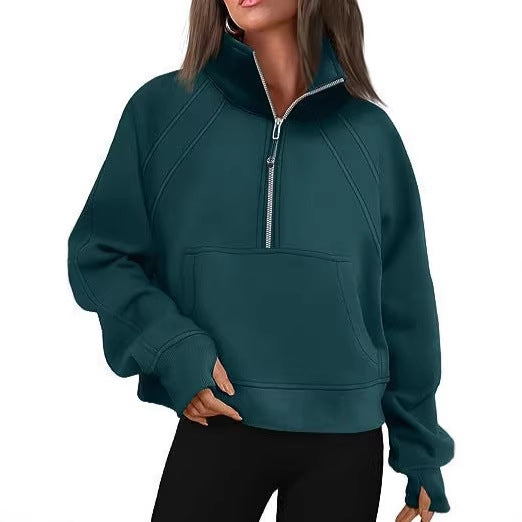 Damen nan weit geschnittenes Kurzpullover mit Stehkragen, halbem Reißverschluss und Kängurutasche EB