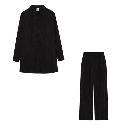 Damen Satin Pyjama Set mit langärmliger Bluse und weiten Hosen EB