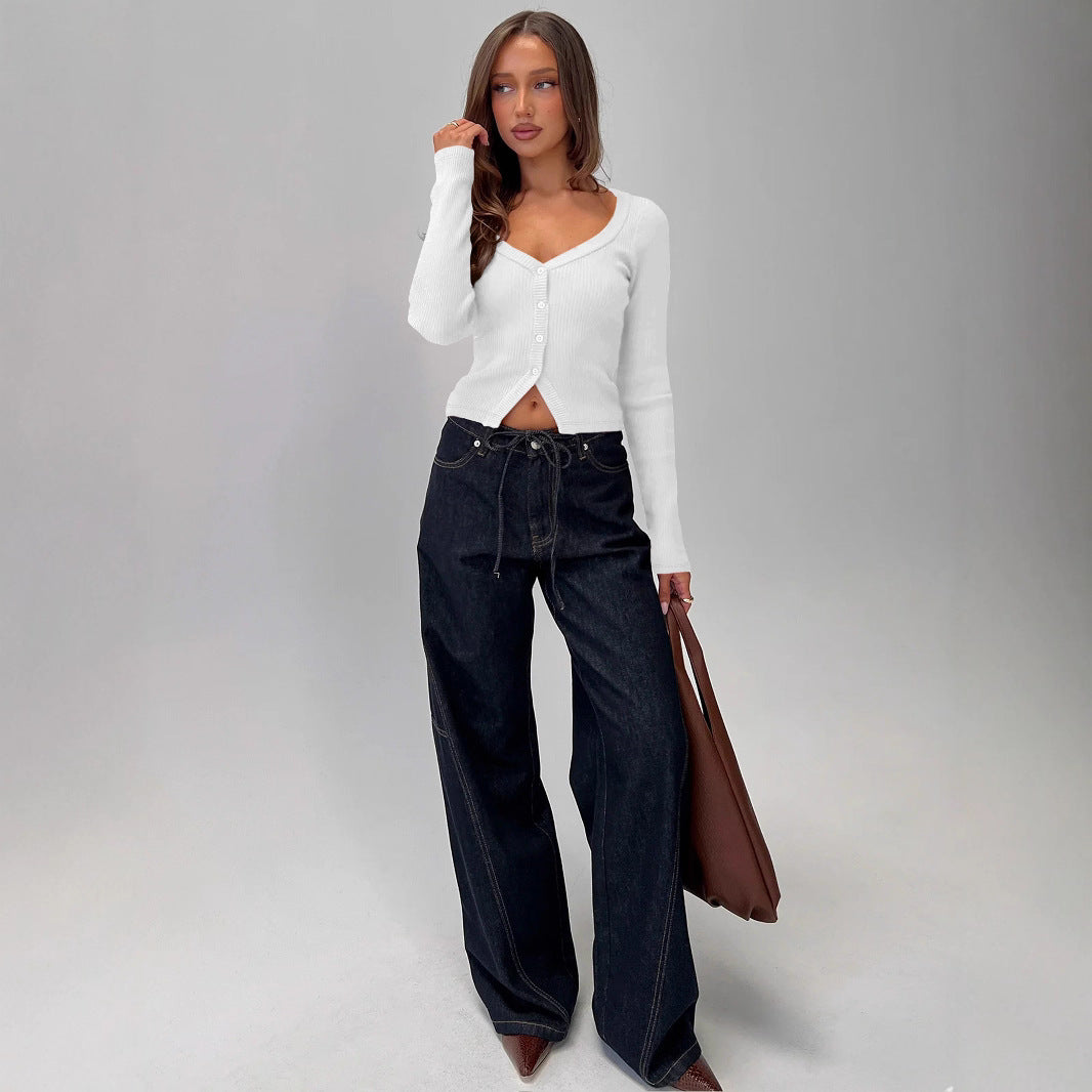 Damen Elegantes Ripp-Cardigan mit V-Ausschnitt und Knopfleiste EB