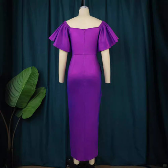 Damen Elegantes Maxikleid mit voluminösen Ärmeln und asymmetrischem Rüschen-Design EB