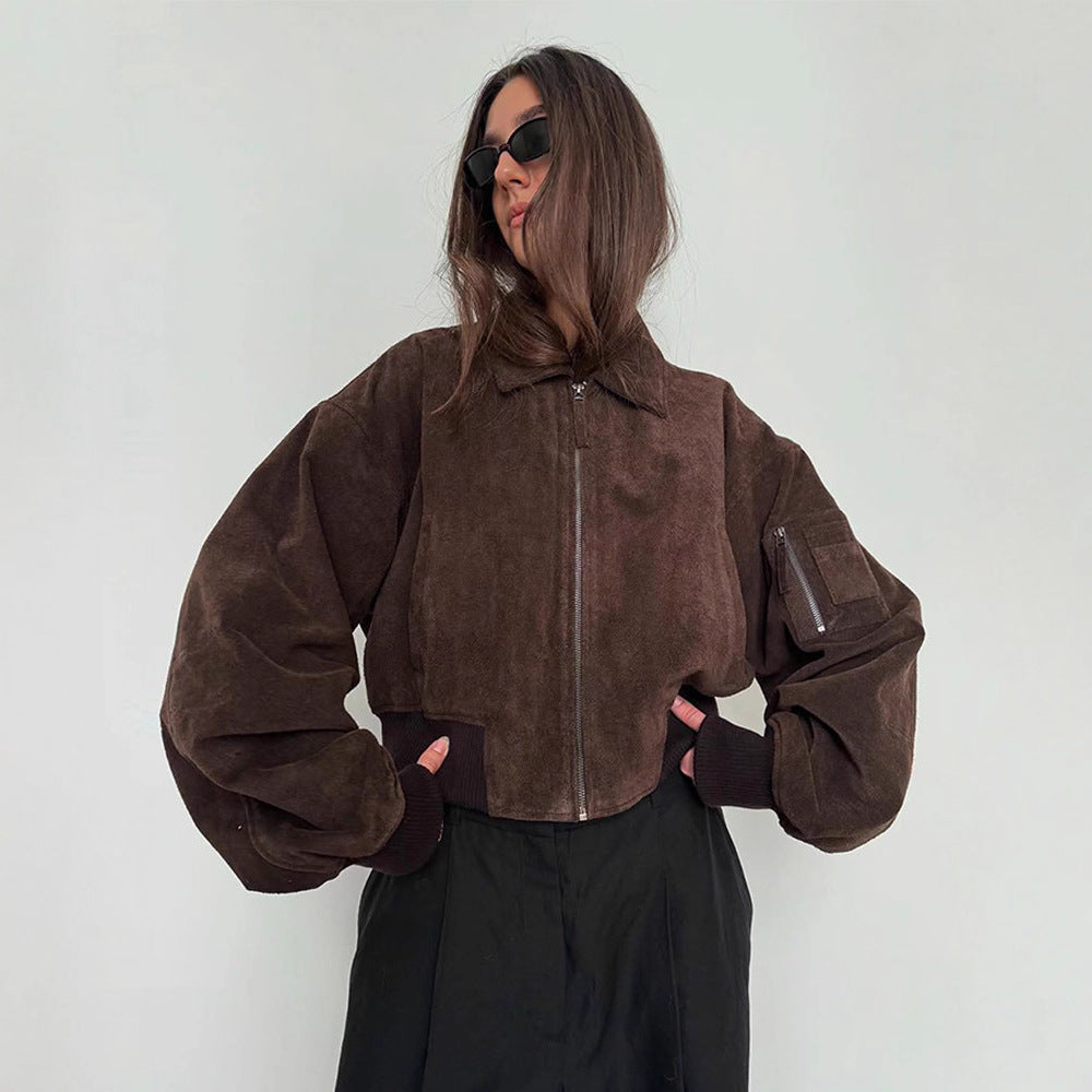 Damen Oversized Wildlederjacke mit gepolsterten Ärmeln EB