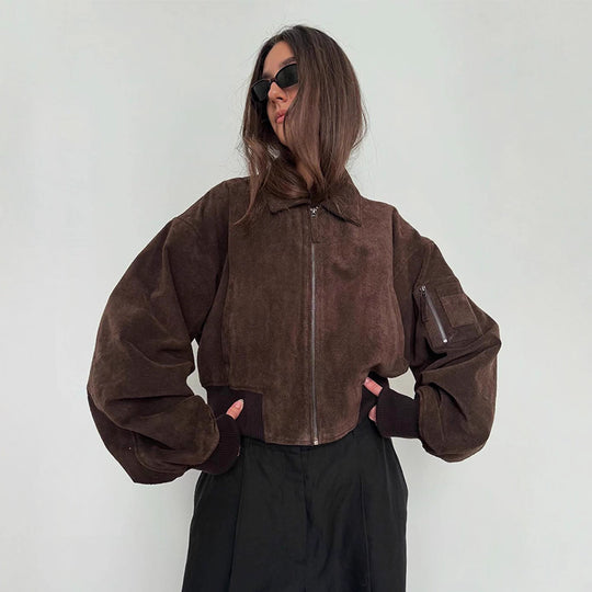 Damen Oversized Wildlederjacke mit gepolsterten Ärmeln EB