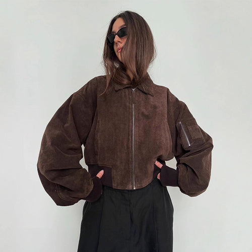 Damen Oversized Wildlederjacke mit gepolsterten Ärmeln EB