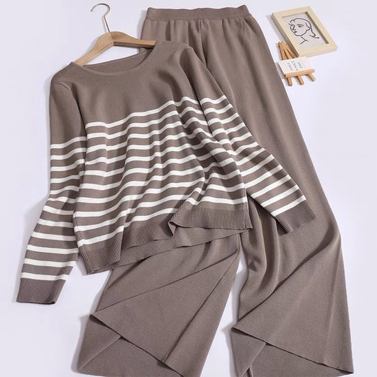 Damen gemütliches Strick-Loungewear-Set mit Streifenmuster EB