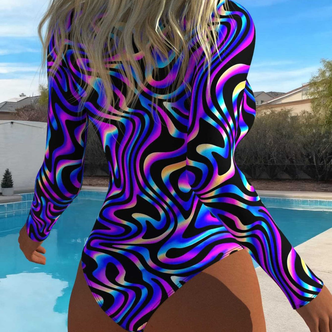 Damen eleganter Langarm-Schwimmanzug mit aufregendem Wellenmuster und hohem Kragen EB