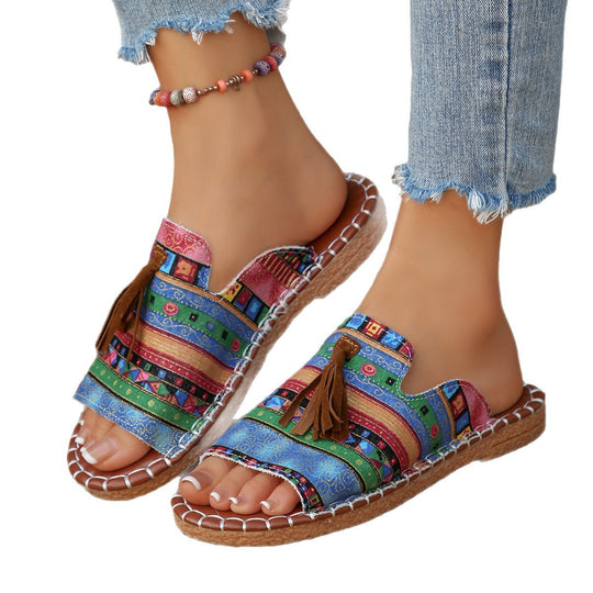 Damen Lifestyle Pantoletten mit verspieltem Tassel-Design und buntem Webmuster EB