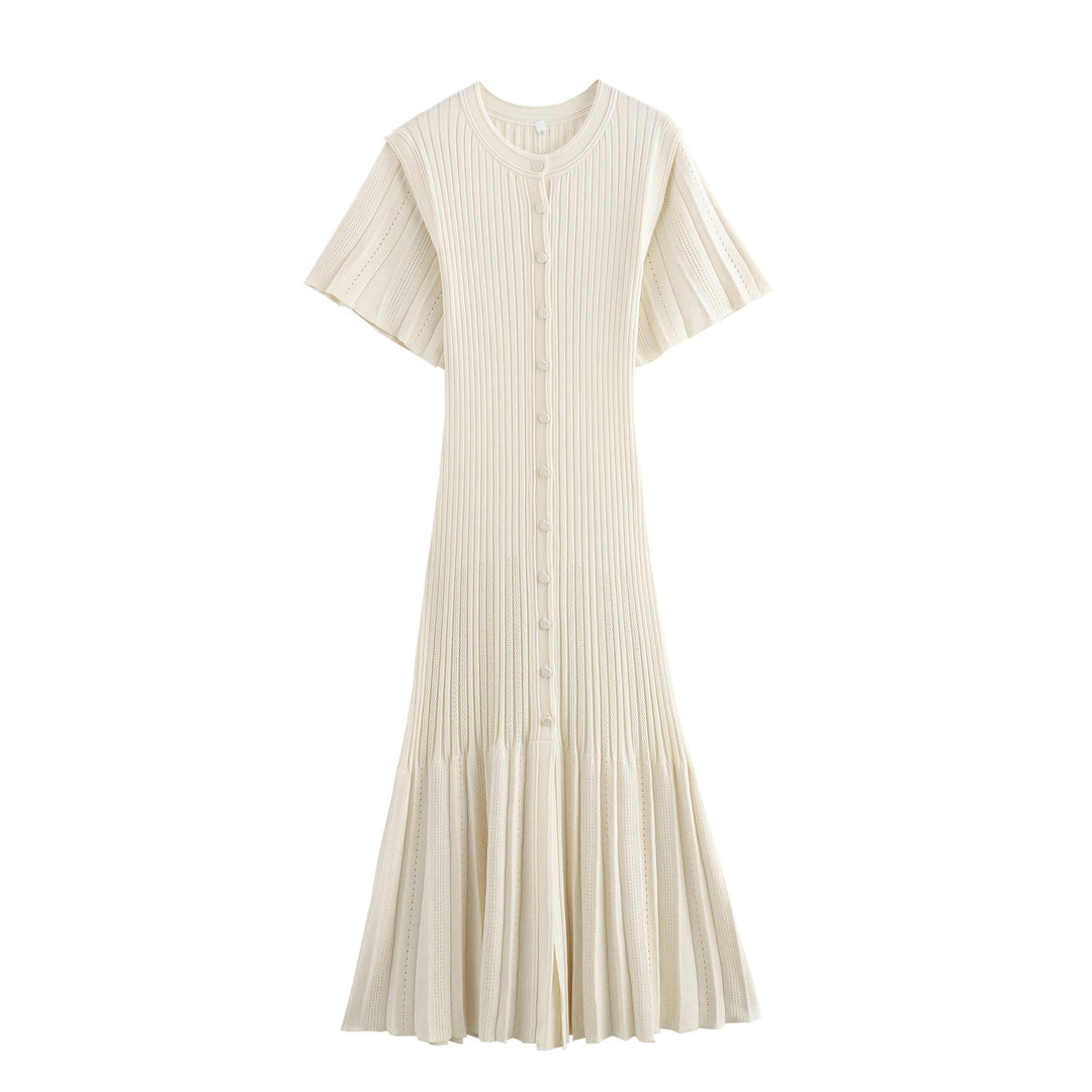 Damen Midi-Kleid mit elegantem Rüschensaum und feiner Knopfdetailierung EB