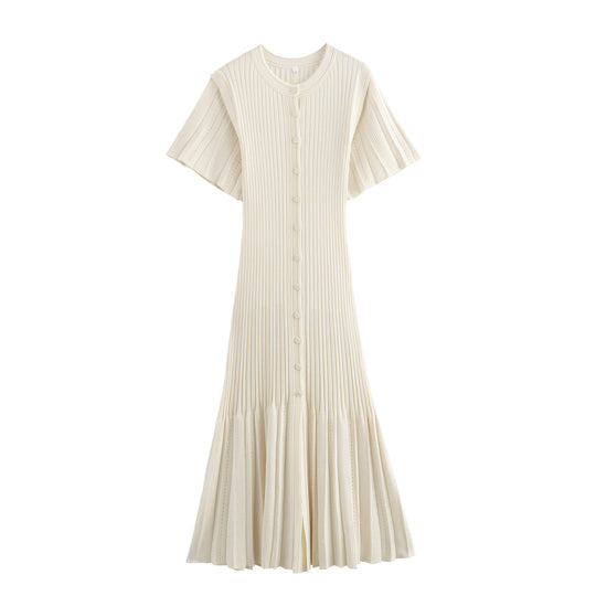 Damen Midi-Kleid mit elegantem Rüschensaum und feiner Knopfdetailierung EB