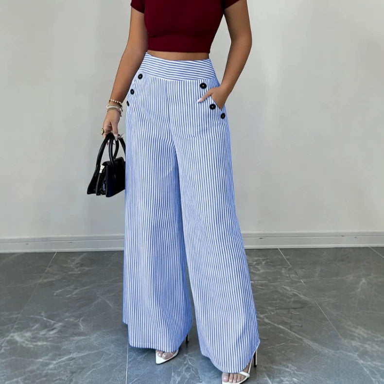 Damen nan hochgeschnittene Palazzo-Hose mit maritimen Knopfdetails und weitem Bein EB