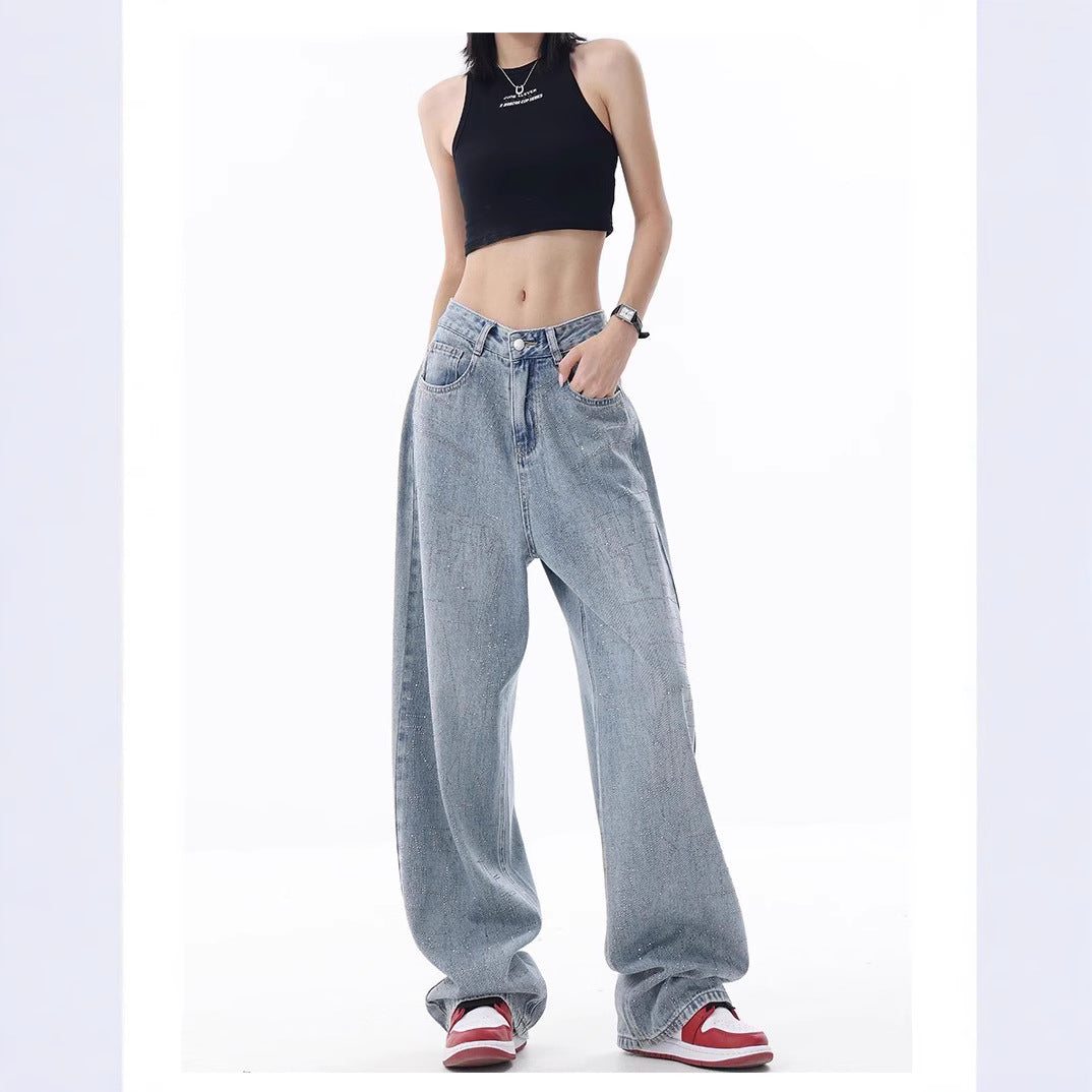 Damen Weite High-Waist Jeans mit einzigartigem Waschdesign EB
