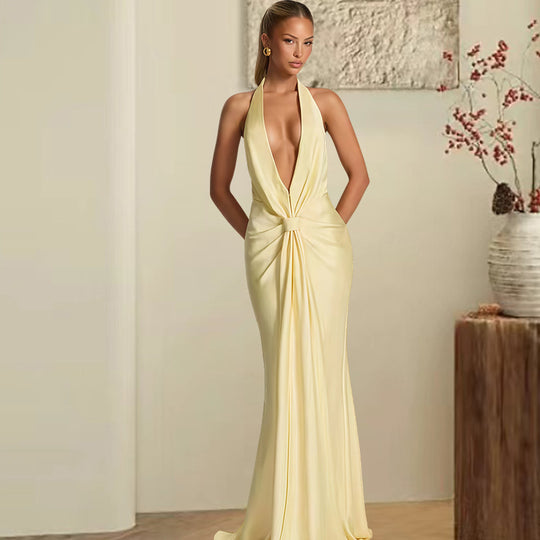 Damen Elegantes Maxi-Kleid mit tiefem V-Ausschnitt und verführerischem Wickeldetail EB